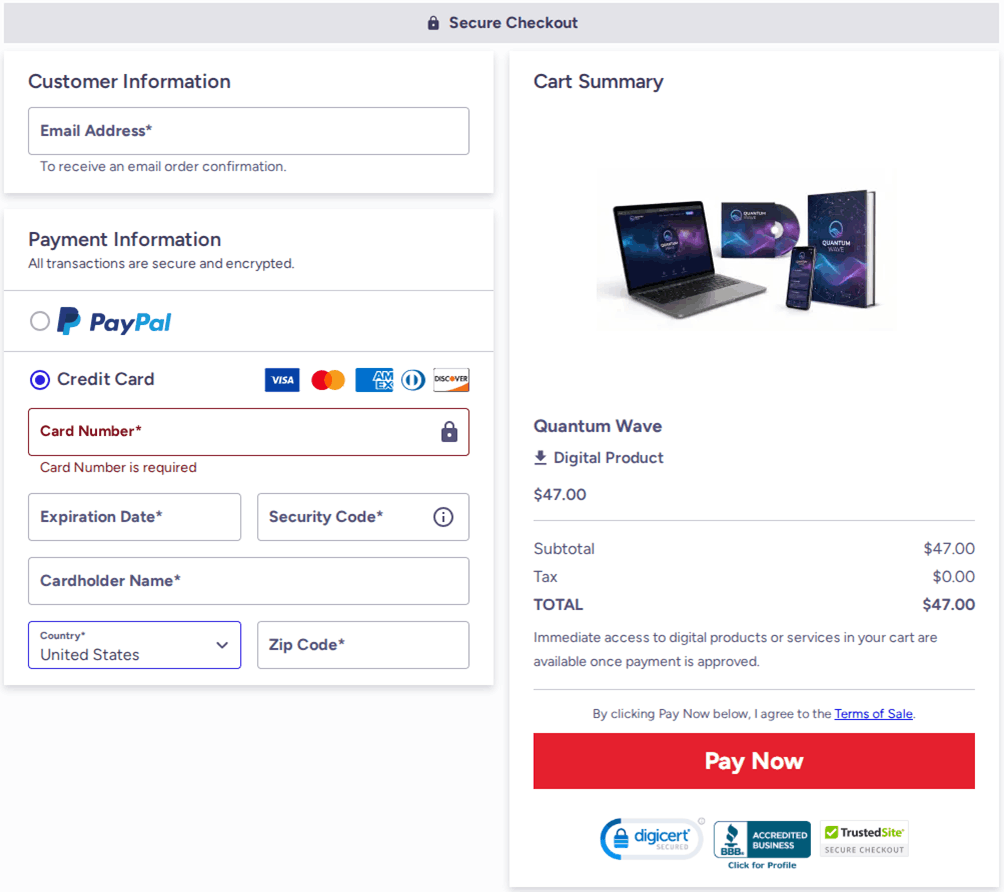 Quantum Wave secure order checkout page walkthrough